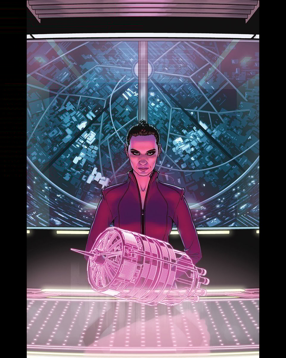 EXPANSE: DRAGON'S TOOTH #2 cover, featuring Camina Drummer standing over the holographic table in the Medina Station Operations Room, hands behind her back and doing the Drummer Stare. Behind her we can see the internal structure of Medina Station. In front of her, a hologram of the outside of the station sits above the table.