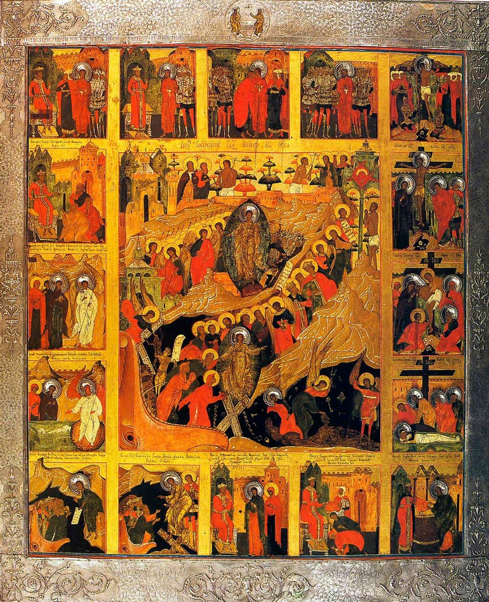 he Descent into Hell with the Scenes of the Passion of the Christ, 16th century, artist unknown. A depiction of Christ's ministry in Hell amongst the sinners, the noble and ignoble dead, as well as a sequence of images of the stations of the cross surrounding.