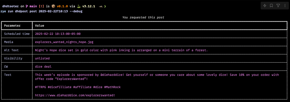A screenshot of a request to schedule a post in debug mode