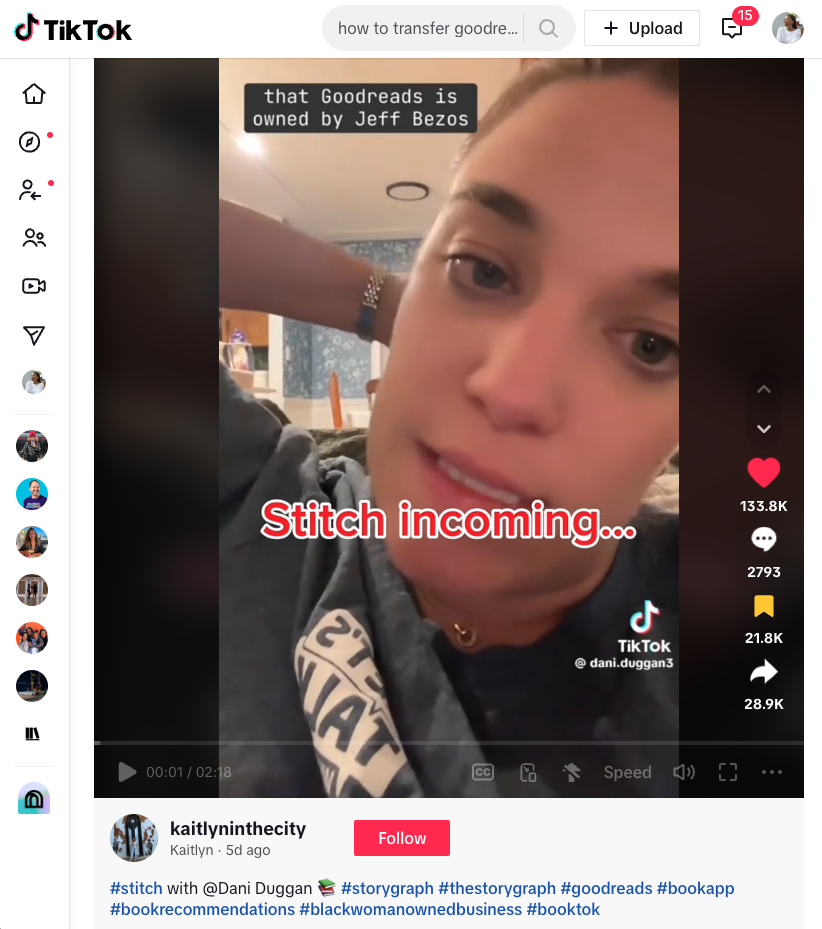 Still of opening of popular TikTok video on StoryGraph. A woman's face is shown on screen, she is mid taking. The caption reads