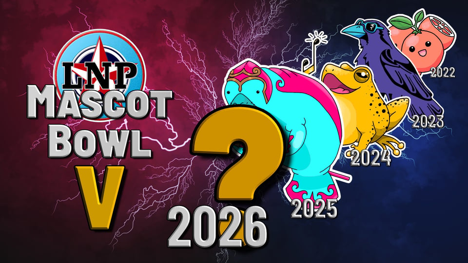 We announce Mascot Bowl V with a big slide showing each previous bowl's champion. 2022 had Citrombo, the happy little oranges; 2023 had Gafástrofe, the cool-ass purple and cyan crow; 2024 had Queraniego, the gold-and-black singing coquí; 2025 had Zanganóplita, the silly ciel-and-hot-pink manatee.
Who will be 2026's Mascot Bowl V champion? It's currently represented by a big golden question mark.