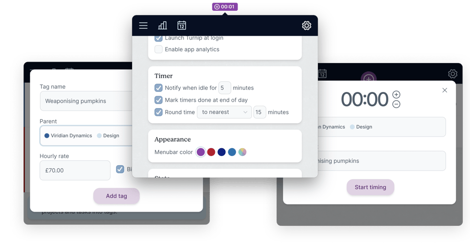 Screenshots of Turnip's new settings, add tag, and start timer windows.