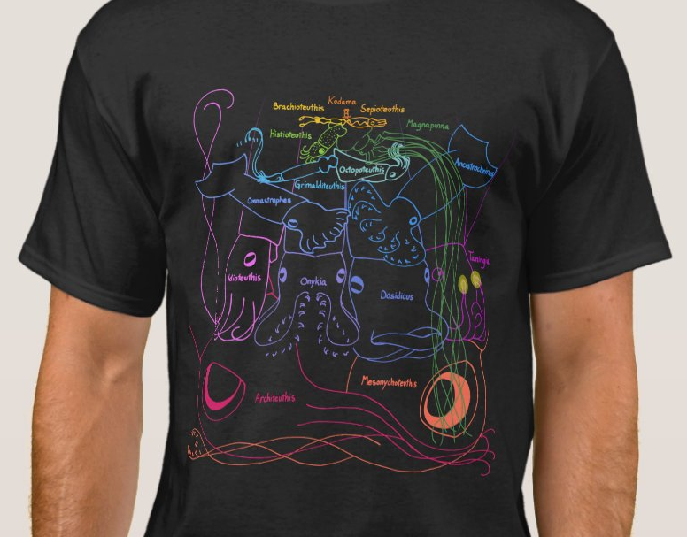 Image of a person wearing a black t-shirt with a rainbow design of squid covering sizes from pygmy to colossal.