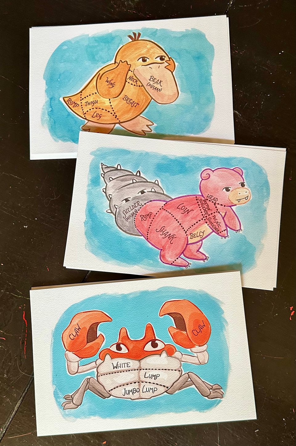 Three 9x6" prints of watercolor illustrations of butcher charts of Pokemon, including Psyduck, Slowbro, and Krabby