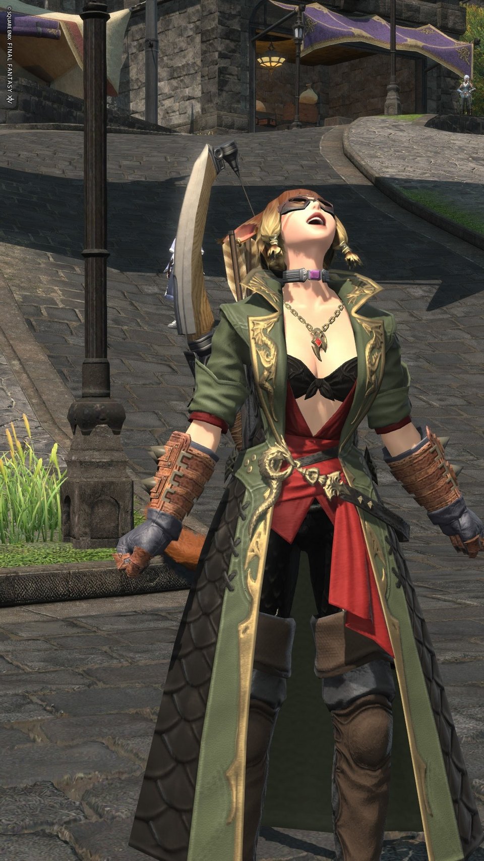 Midi Nara, a Miqo'te woman with brown hair and blonde ends, dark eyes, and a long brown tail. She's in her Bard uniform, which features a long green coat over a black bralet and red sash, black pants, and brown thigh high boots. She is cheering into the sky.
