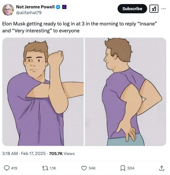 Elon Musk getting ready to log in at 3 in the morning to reply “Insane” and “Very interesting” to everyone