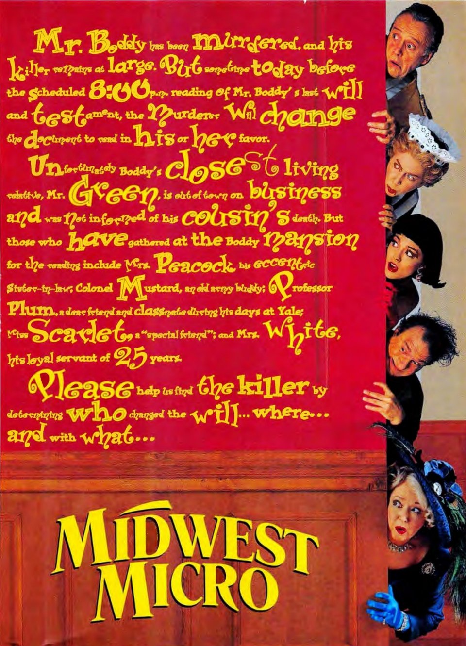 A full page advertisement that shows 5 characters from the Clue boardgame, peeking around a corner, at a wall of text. The text takes up most of the page and is printed in a mixture of fonts, sizes, and weights.