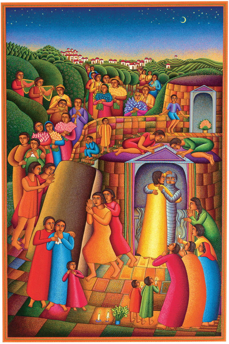 colorfly clad processeion of brown-skinned people display various emotions and mumified-looking Lazarus is unwrapped