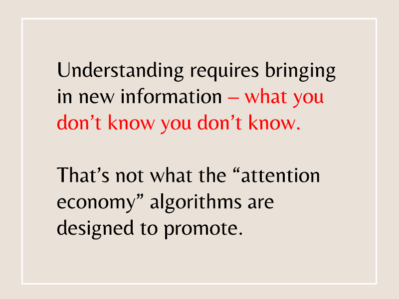 pull quote: "Understanding requires bringing in new information – what you don’t know you don’t know. That’s not what the 'attention economy' algorithms are designed to promote."