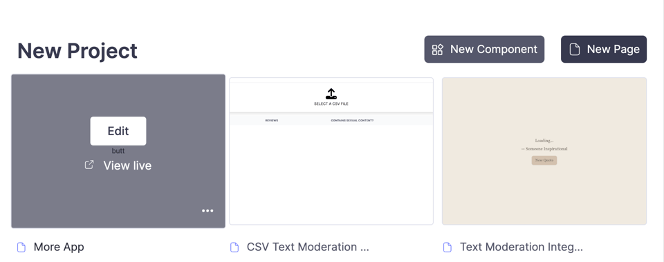 This image is the Create Dashboard page showing multiple pages of a project. In the upper right hand corner is the "New Page" button