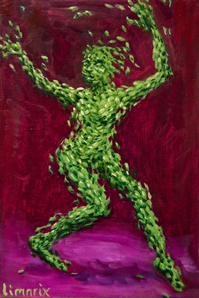 Sap green person made of floating leaves dancing on a magenta ground, signed limnrix