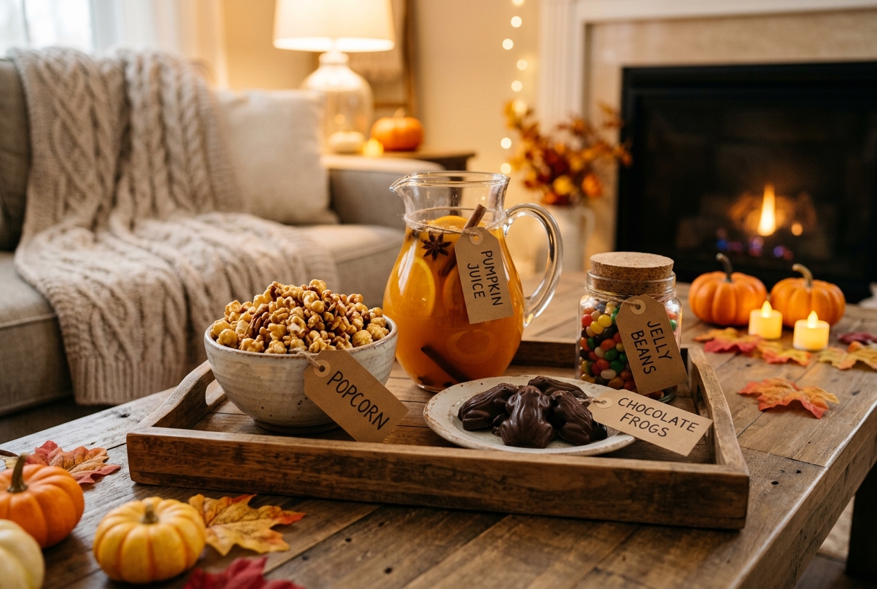 A wooden tray with caramel popcorn, a pitcher of pumpkin juice with cinnamon sticks, chocolate frogs and a jar of jelly beans, each with a kraft paper tag