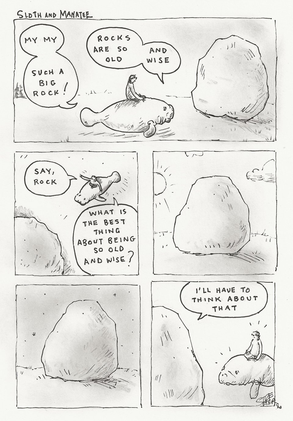 Sloth and Manatee comic in which they talk with the Wise Rock