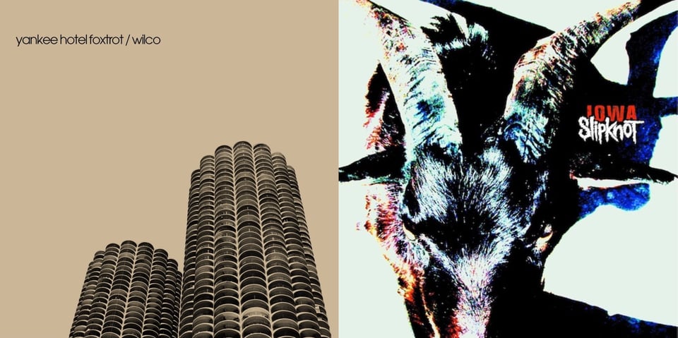 1st pic: A low angle photograph, tinted beige-brown, of the two towers of the Marina Complex building in Chicago. It is unsual-lookingin that every level consists of disc or clam-shaped balconies, just hundreds of them stacked on top of each other. 2nd pic: A color photograph of a close up of a goat, its head pointed downwards so its horns take up most of the image. The goat is black, but the lighting on it is harsh and turns a lot of the highlights whitre. Upon this other colors are projected onto its fur: pink, orange, dark blue. Despite the color, there is a definite sinister, Satanic feel to the image.