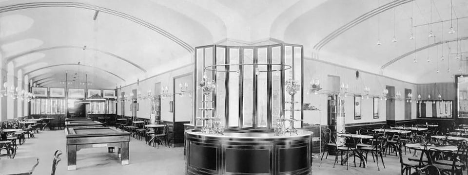 A black-and-white cafe photograph.