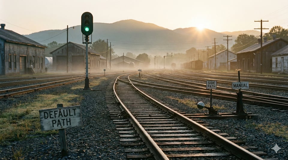 16:9 photorealistic railway switchyard at dawn. Foreground: a single track labeled with a small generic sign “DEFAULT PATH” (short, readable). Nearby tracks labeled “SIDE PATH” and “MANUAL.” A signal light is green on the default track. No trains needed. Mood: directional choice, governance, calm control