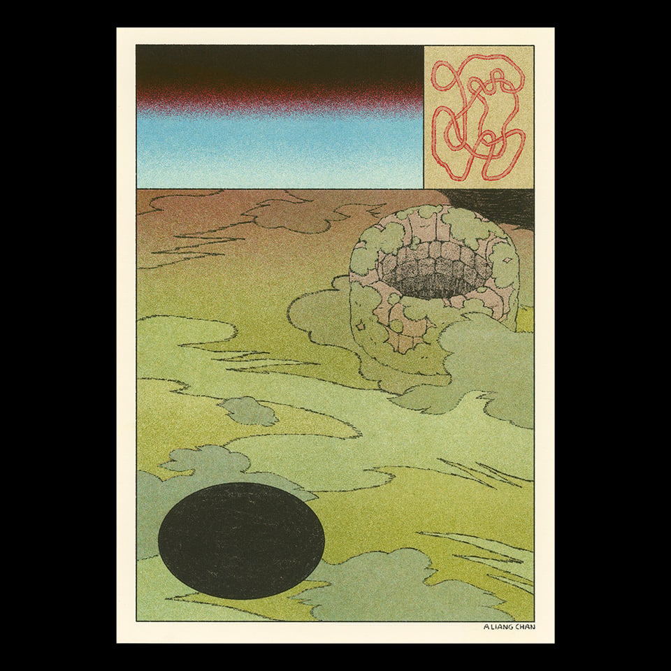 a risograph print: in the main panel, an overgrown stone well amid stylized yellow-green landscape, mirrored by a black oval in the opposite corner. in smaller top panels: a gradient moving from black, a brief flash of red, then sky blue; a red cord in endless tangle.