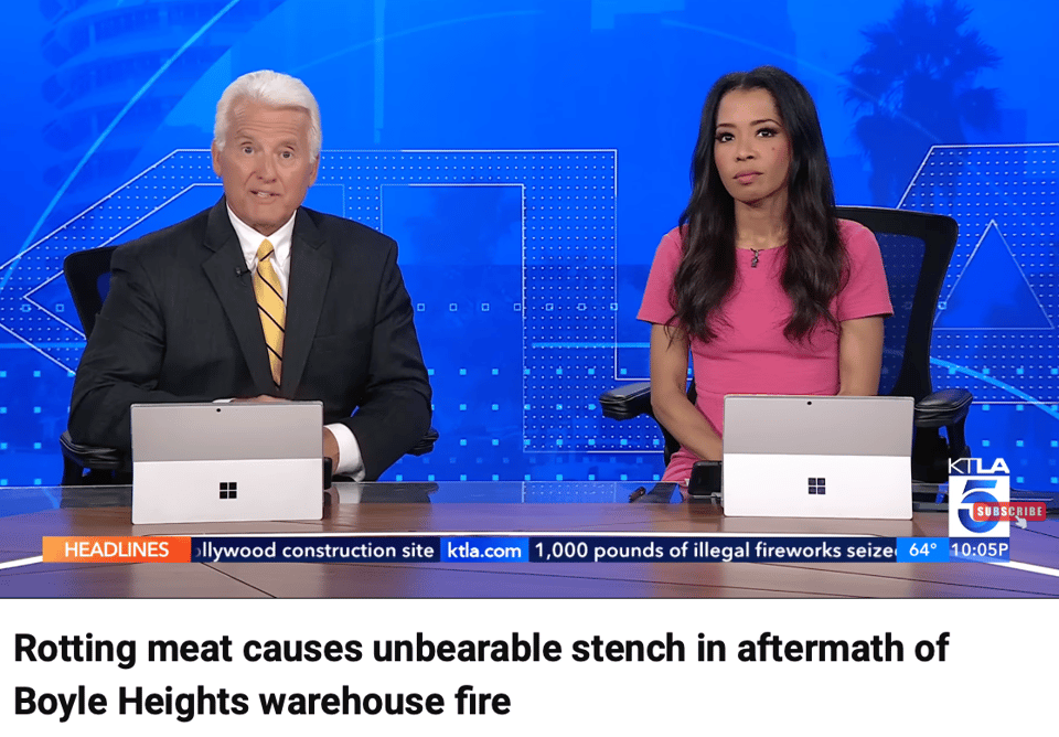 Two Los Angeles news anchors relate the story about the rotting meat. The guy seems jazzed about the rotting meat, the woman seems unimpressed.