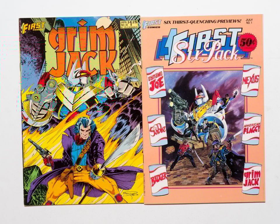 Grimjack 30 and First Six-Pack. Both feature Dynamo Joe