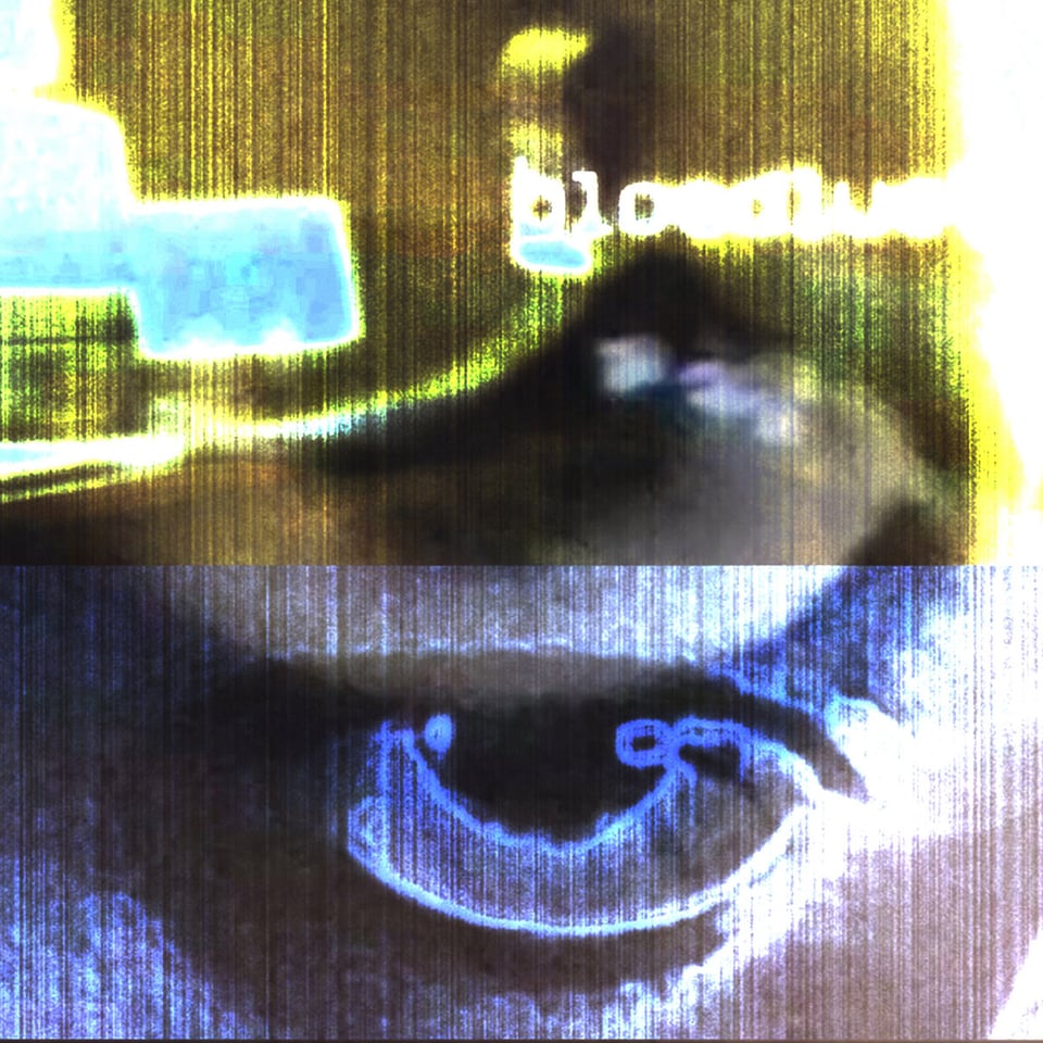 track art: a screenshot of what appears to be a video chat shows a desktop and and eye, looks like it was photocopied and run through the washing machine