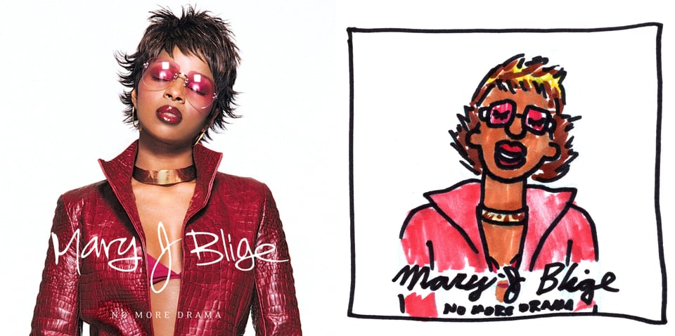 Mary J. Blige, a Black woman, with short brown hair and tinted red sunglasses and red lipstick. Her eyes are closed, like she’s drifting off, imagining something. She wears a red leather jacket with only a brassiere underneath, and gold necklace/choker type thing around her neck.