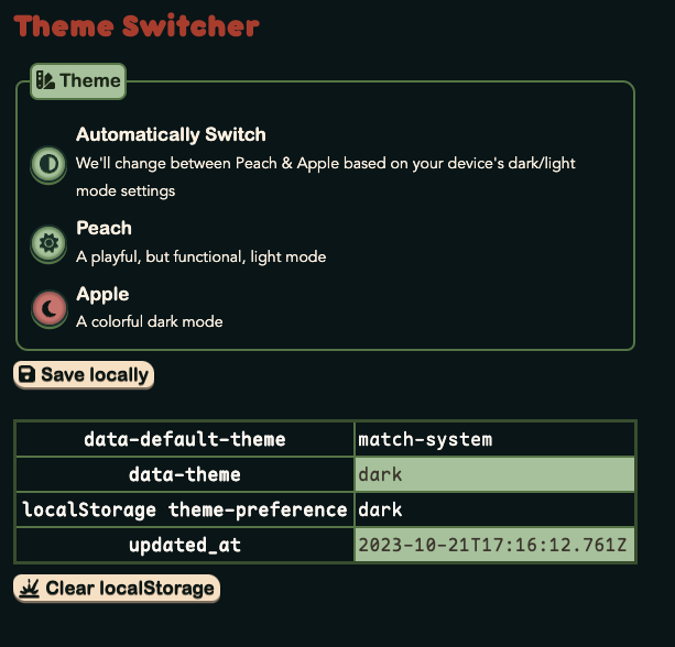 A screenshot of the Theme Switcher component, with "Apple" (the dark mode) selected