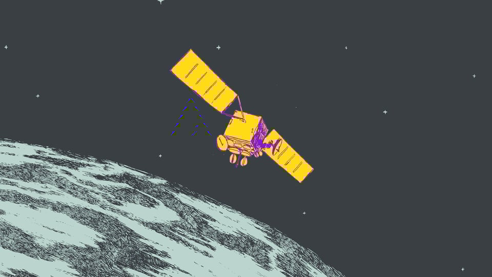 Screenshot from the scene Angelo : black background with a few stars shining and a pale blue earth in the bottom left corner. A yellow and purple satellite is floating in the middle of the screen. It’s square-shaped