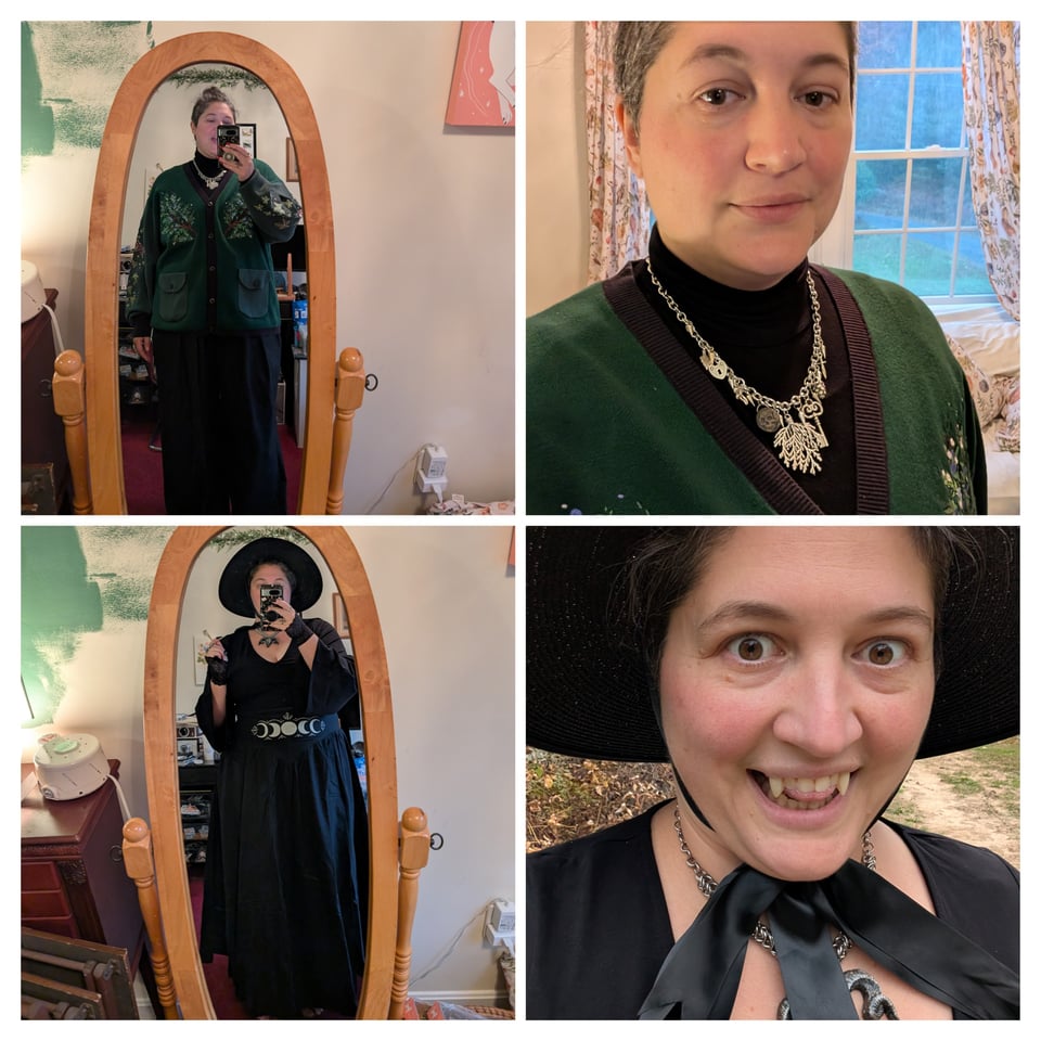 Four images of a white person with short brown hair in a collage. In the top two photos they are wearing a green cardigan and wide-leg pants. In the bottom two they are dressed all in black, with a brimmed hat and vampire teeth.