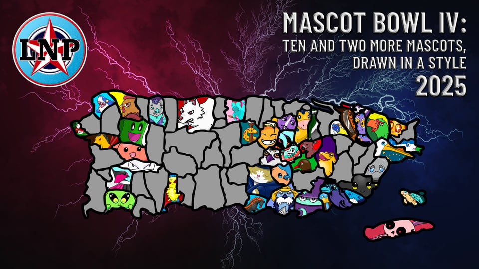 The new map for 2025's Mascot Bowl IV adds, going from west to east, north to south: Tandatómica the lithium atom in Rincón; Zanganóplita the silly manatee in, uh, Manatí; Vueltáspide the serpentine baseball bat caduceus in Morovis; Buhonrado the illustrious owl in Barranquitas; Saunigozo the comfy cat in Coamo; Potremura the classic colt in Santa Isabel; Guaplumetón the romantic quill in Toa Alta; Curricanoso the gruff fisherman otter in Salinas; Esferinata the happy cow in Bayamón; Formotín the liberatory woodpecker in Guaynabo; Navatajón the flaming machete in Carolina; and Dialborozo, the smiling sun, in Luquillo.