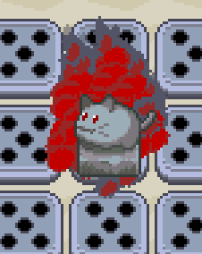 A pixel art statue of my game's wind-up cat enemy with dark red smoke behind it