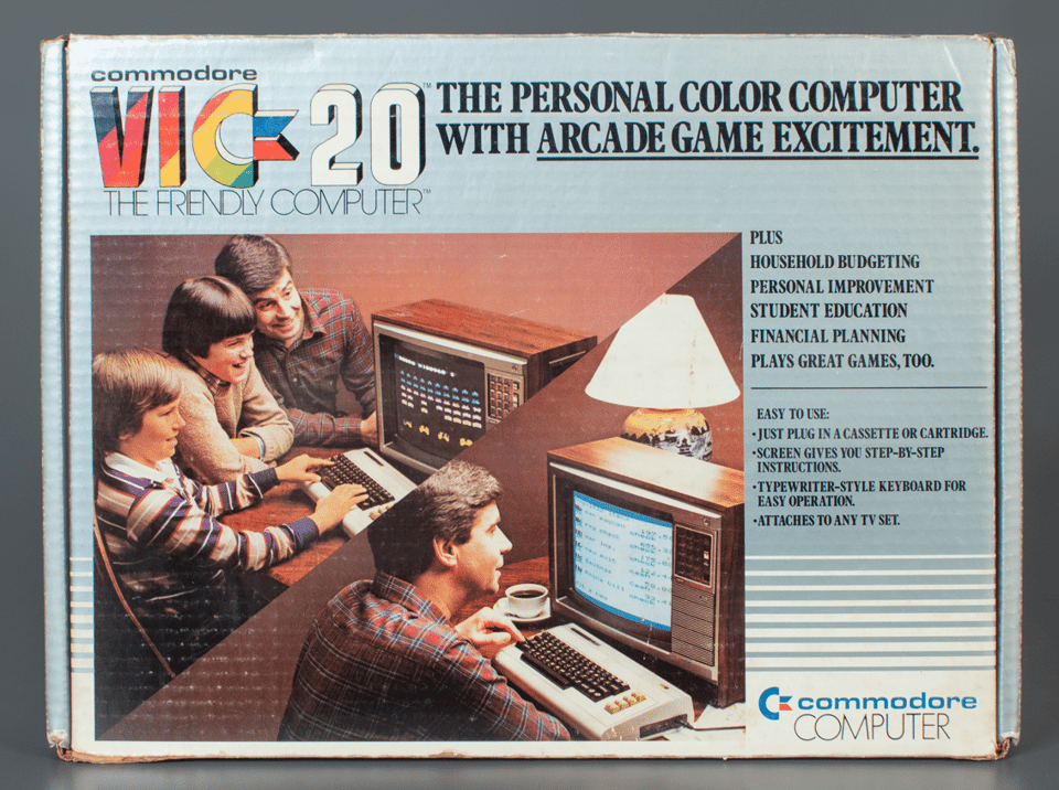 Commodore VIC-20 The personal color computer with arcade game excitement
the friendly computer with a label image of a white 1980s dad and two white teen boys