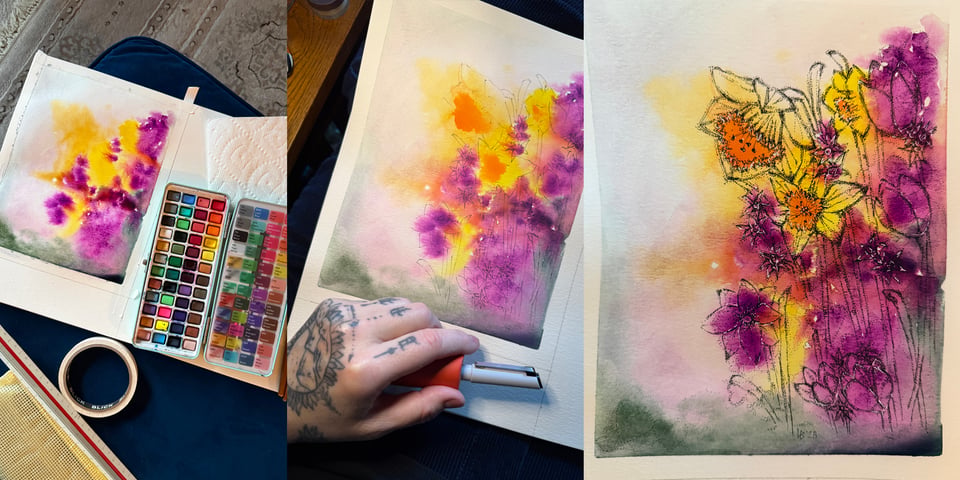 watercolor palette and a watercolor painting of spring flowers