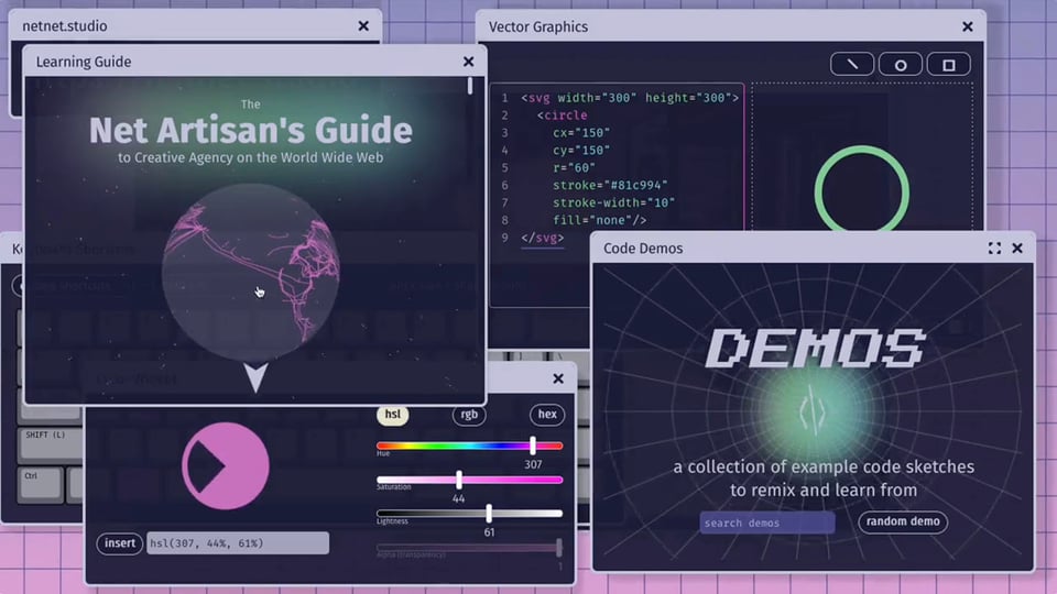 screenshot of multiple creative widgets open on netnet.studio