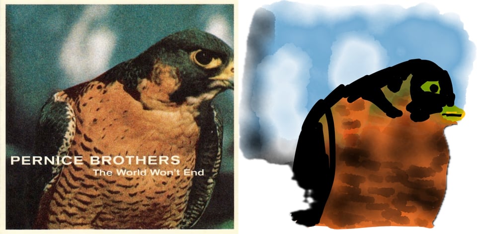 A close picture of a hawk or some other kind of bird of prey. The color-correction of the photo has turned the head and wings of the bird a dark grey-blue-green, and the chest a faded orange. The bird looks off to the right, the image cuts off the bird's beak.