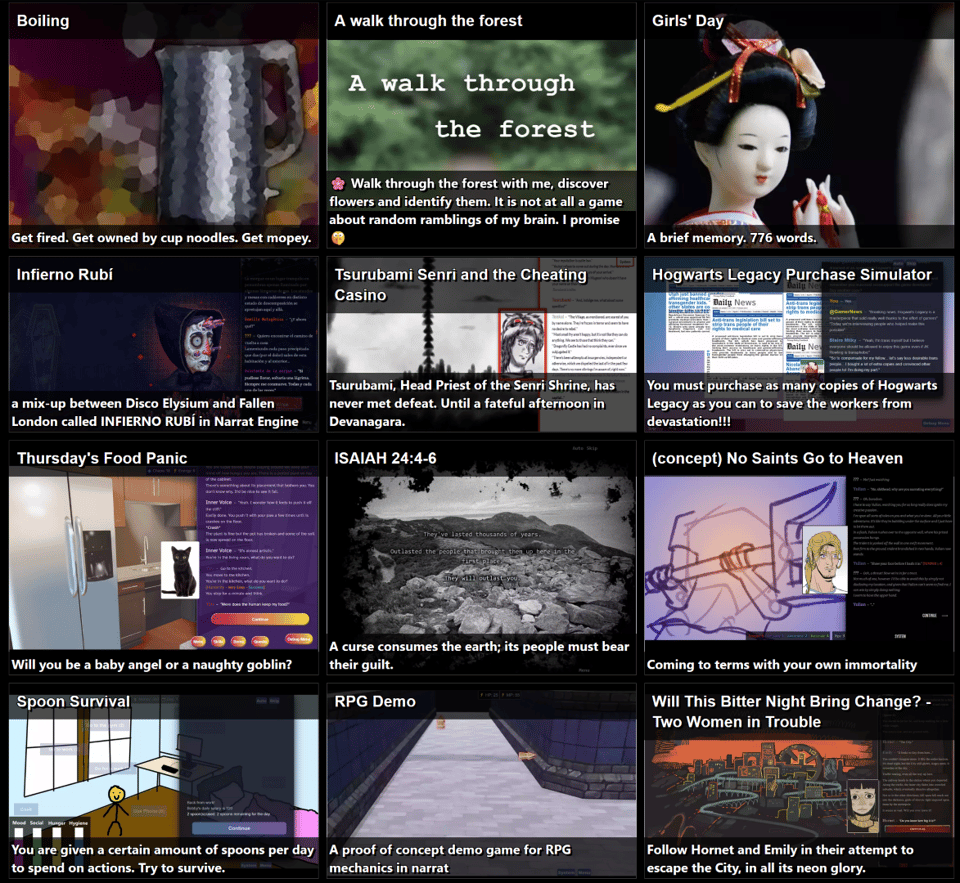 Screenshot of narrat.games showing a grid of game thumbnails