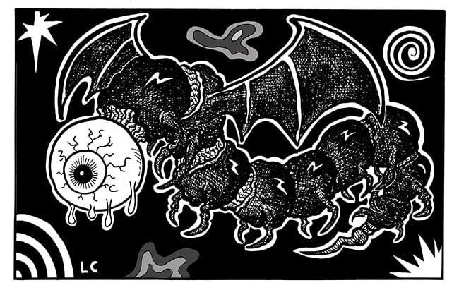 Hideous one-eyed, bat-winged worm with claws and a spiky tail