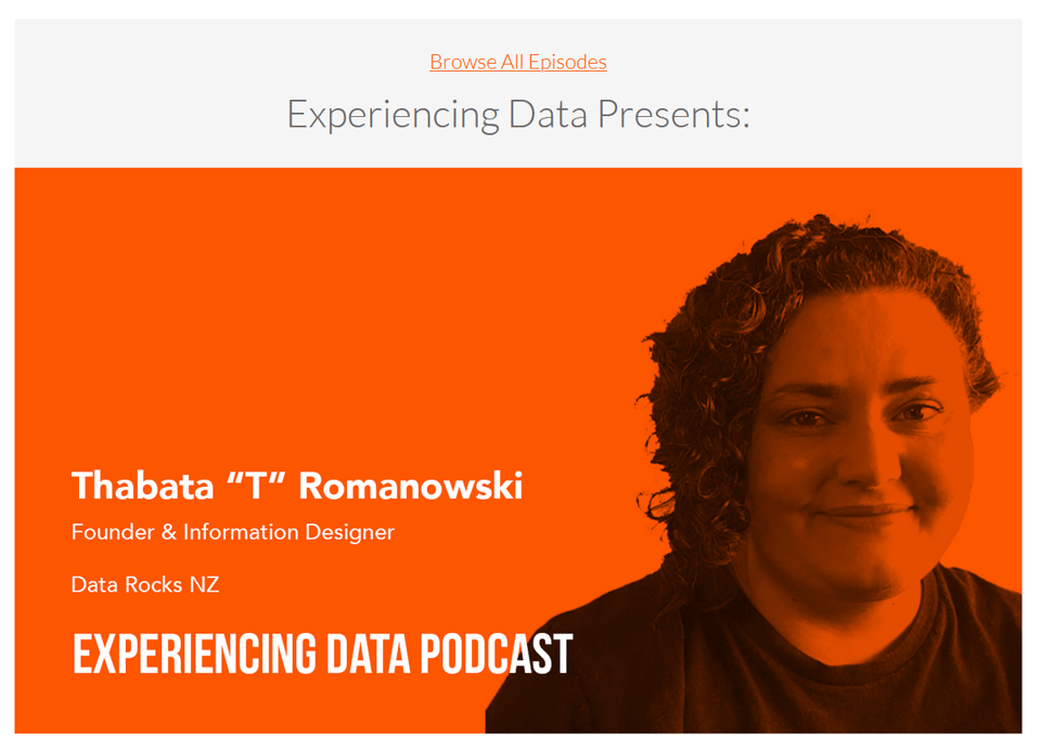 Image of T. from Data rocks with an orange overlay saying Thabata 'T' Romanowski, Founder & Information Designer. Data Rocks NZ. Experiencing Data Podcast.