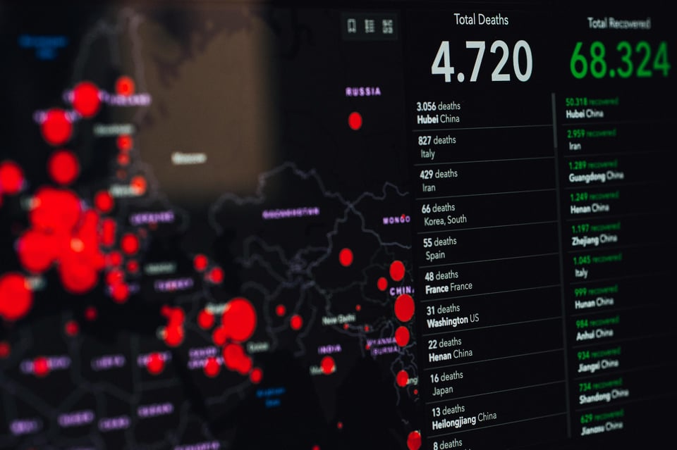 Computer screen showing data on deaths in China from Covid