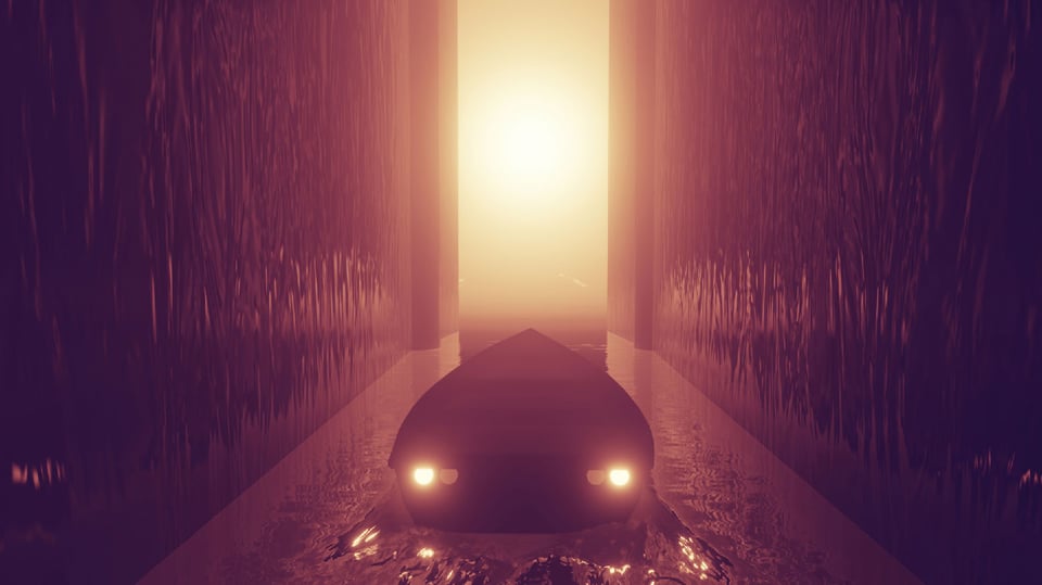 A still from my new animation showing a boat in a vertical chamber