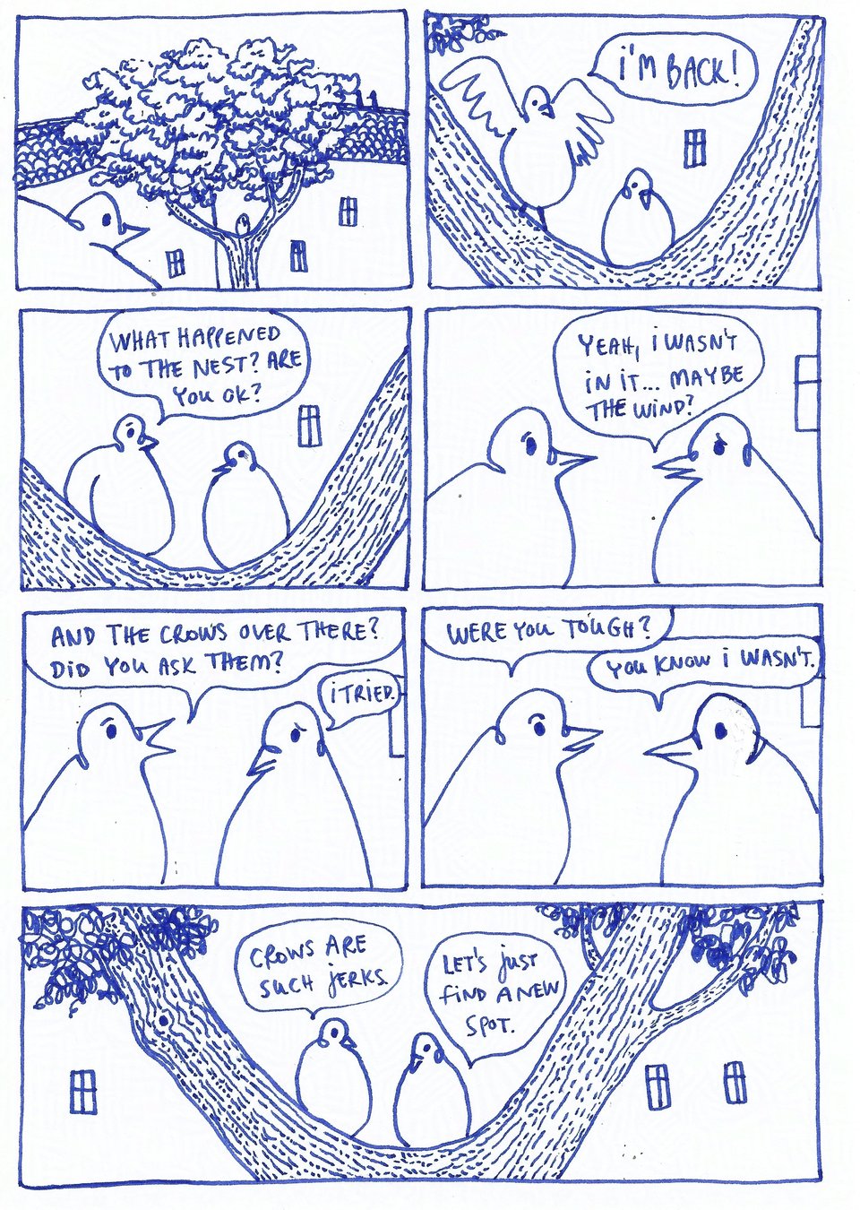 A comic page in blue ink of a pigeon who lands next to the other pigeon on the tree, and they talk about how their nest was destroyed.