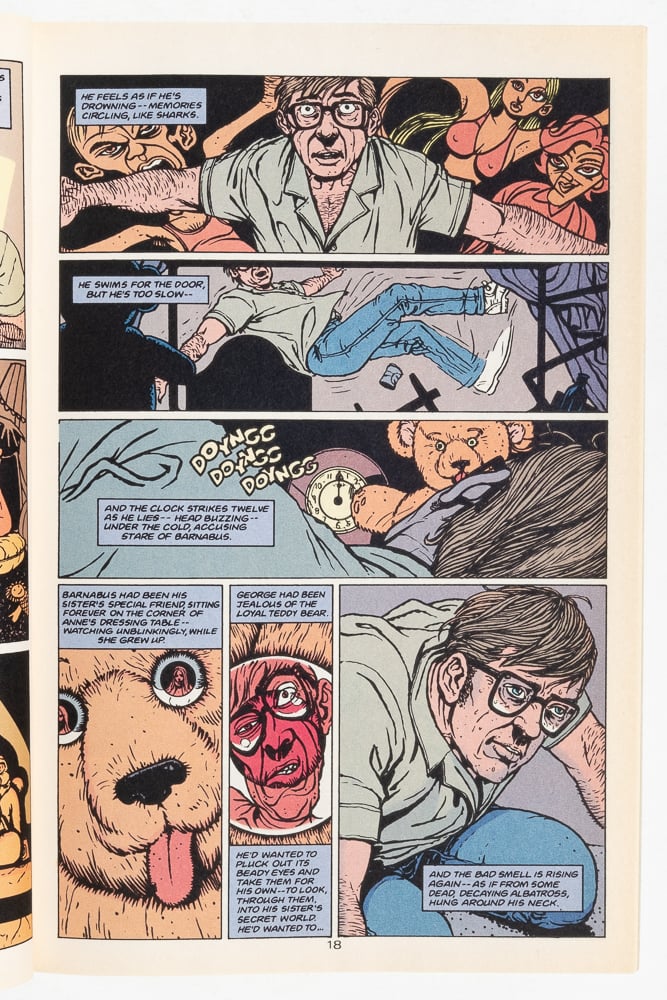 a page from "Tainted" by Al Davison. The main character (George) is falling down as distorted memories from his childhood (represented by Davison's increasingly Cubist style) resurface