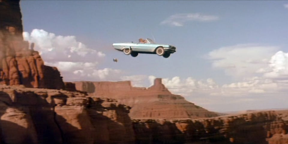 A still from the film Thelma and Louise (1991) (SPOILER ALERT) depicting Louise's 1966 Ford Thunderbird in midair immediately after (spoiler) being driven off the edge of the Grand Canyon, which the title characters decided was preferable to putting up with one more second of men's bullshit. The movie's feminism seems pretty mild today but at the time a lot of critics' reviews were basically a window into the whiny argumentative misogyny that would come to characterize the online manosphere (as well as increasingly broad swaths of real life).