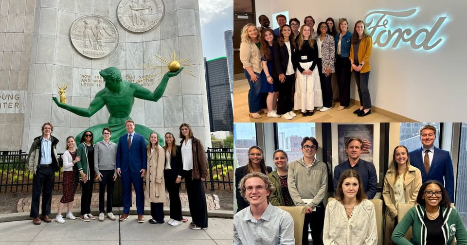 Left: A group of James Madison College students standing outside in front of the Spirit of Detroit statue. Right, top: Group of JMC students smiling next to an illuminated Ford sign. Right, bottom: Students posing in a group.