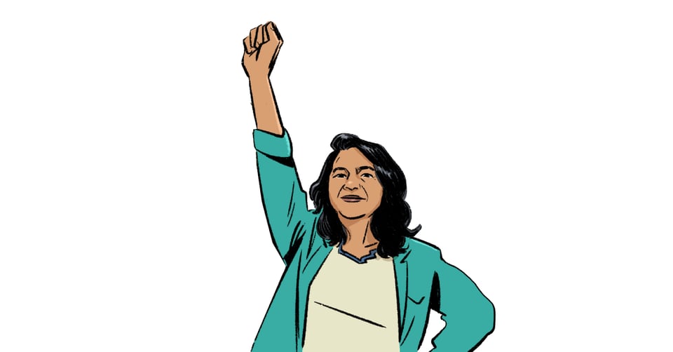Dolores Huerta spotlight art by Louie Chin, Gab Contreras and Henry Barajas. Dolores has her right fist raised. she's wearing a opaque, blue-to-green jacket and yellow blouse.