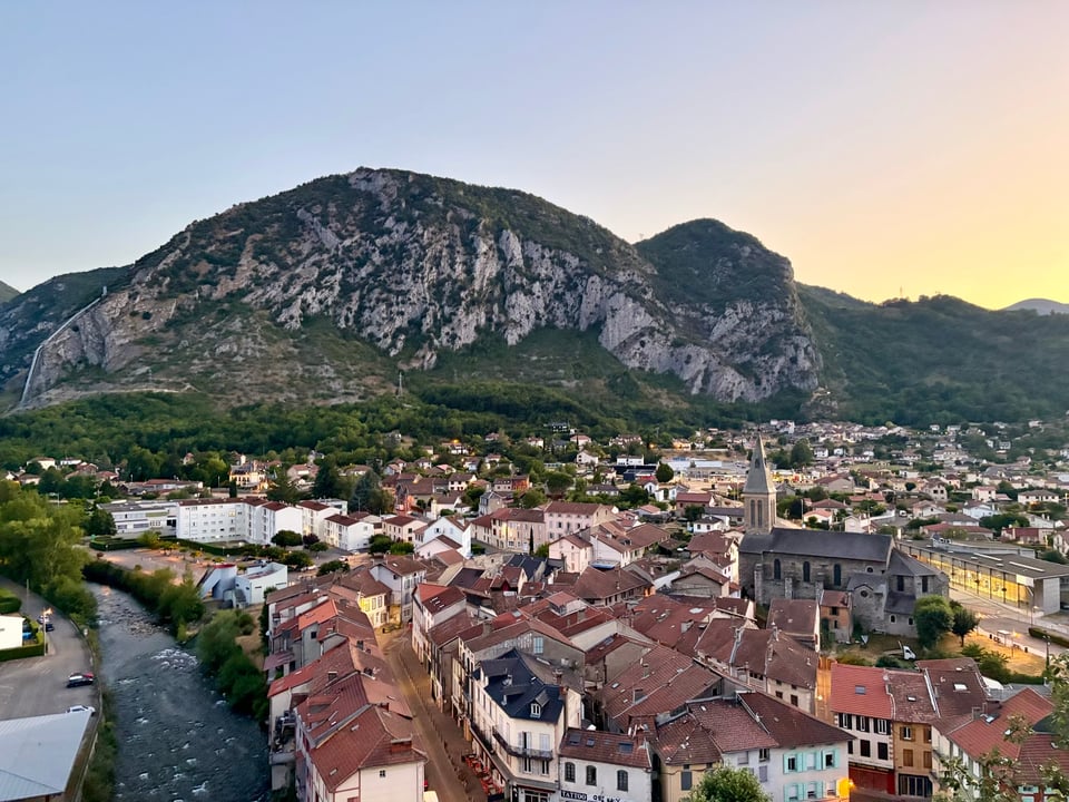 Sunset over Ariege Valley, with cliffs in the background