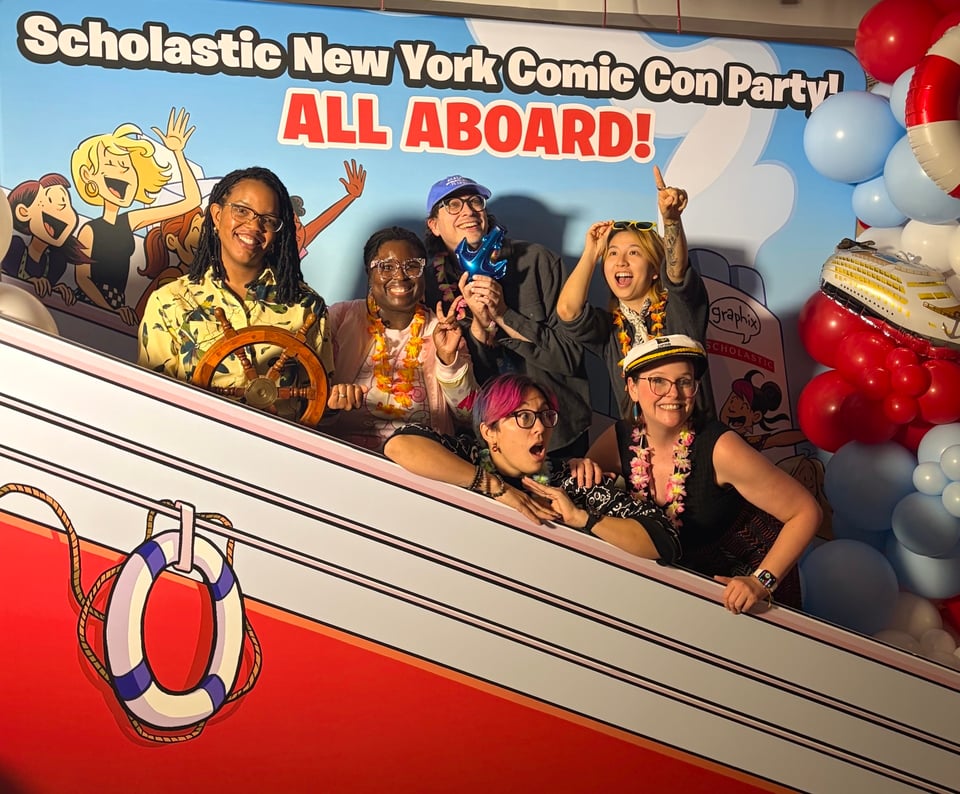 Photograph of Cassandra Fulton, Shauna J. Grant, K Czap, Cynthia Yuan Cheng, Gale Galligan, and Raina Telgemeier pretending that they are on a cruise at a photo op at Scholastic's New York Comic Con party, 2026.