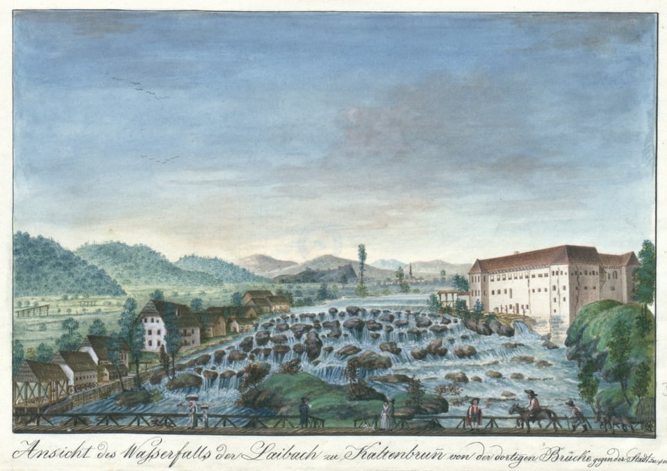 [A postcard with a drawing of a wide river with rocks and rapids beside a unadorned white castle. Mountains stand in the distance.]