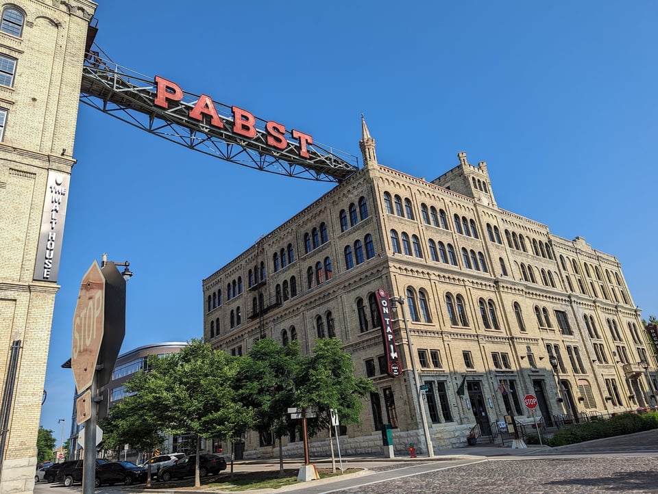 Perspective view of the historic Pabst brewery on a bright summer day, with no people in evidence