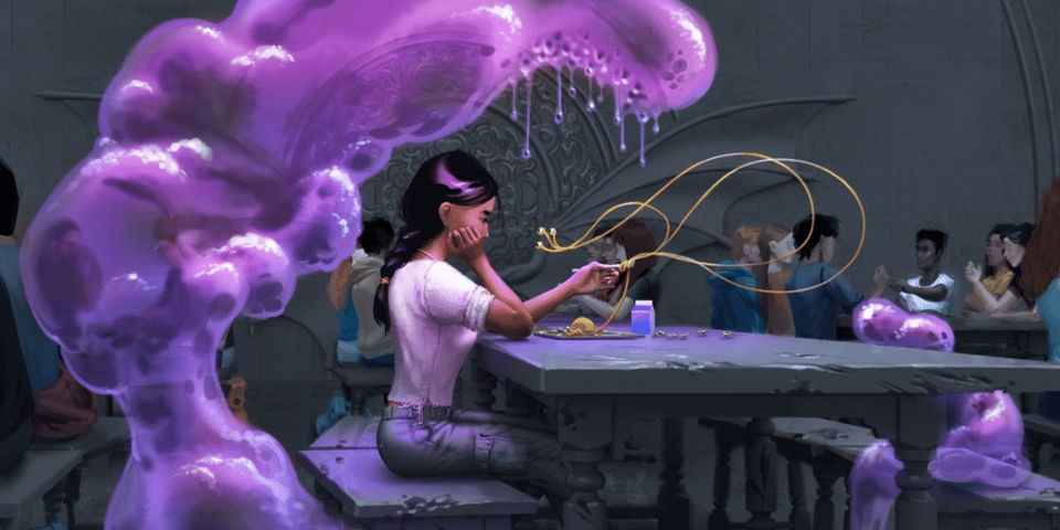 A schoolgirl sits at a cafeteria table with monsters creeping up on her.