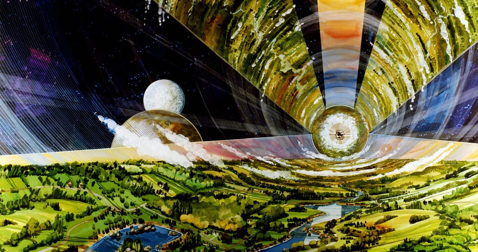 A hypothetical small space colony drawn by NASA employee Rick Guidice in the 1970s.